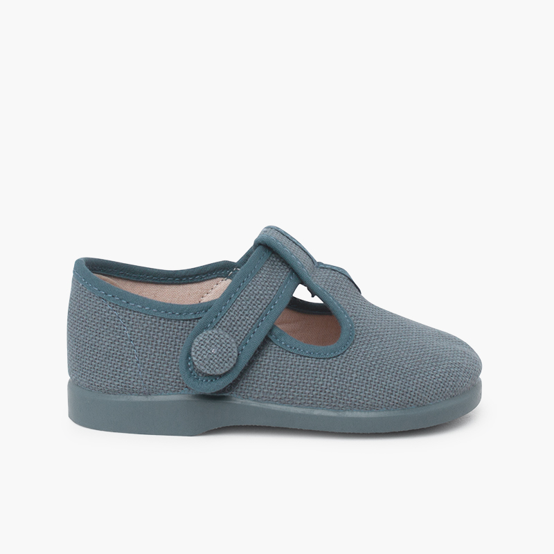 Linen T-bar shoes hook-and-loop fastening button Blue Klein
