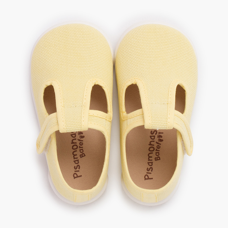 Barefoot rustic canvas T-bar shoes hook-and-loop strap Lemon