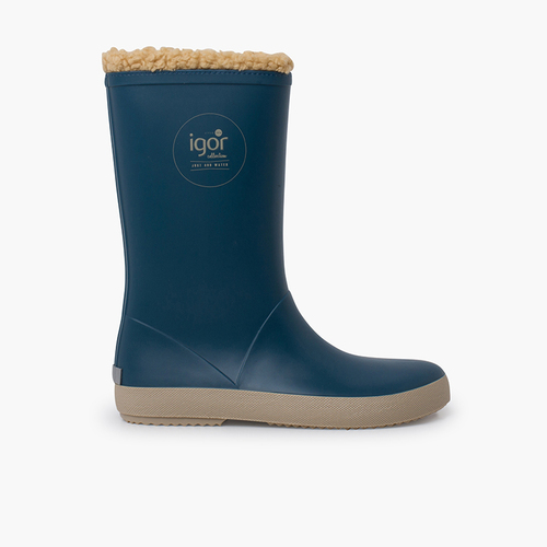 Faux fur Lined Wellies Beige Sole Petrol Blue