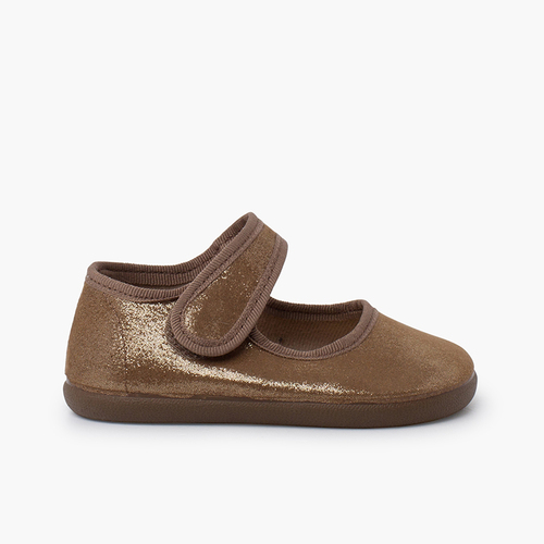 Shiny barefoot mary janes hook-and-loop strap Bronze