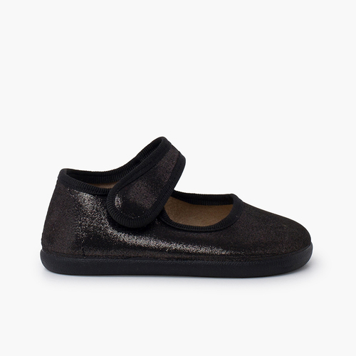 Shiny barefoot mary janes hook-and-loop strap Black