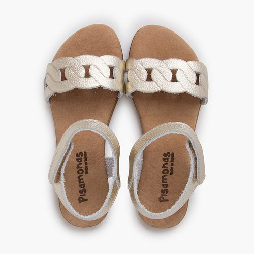 Leather sandals chain detail hook-and-loop strap Champagne