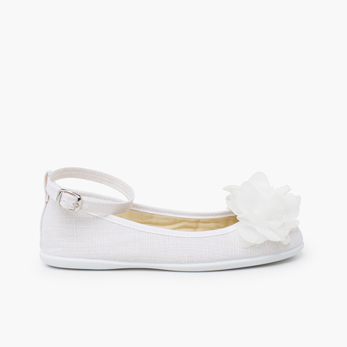 Linen ballet flats ankle strap gauze flower White