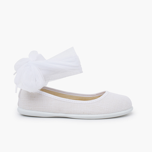 Linen ballet pumps ankle strap tulle bow White