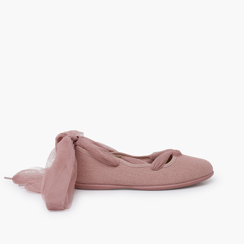 Linen ballet flats crossed tulle ribbons Old Rose