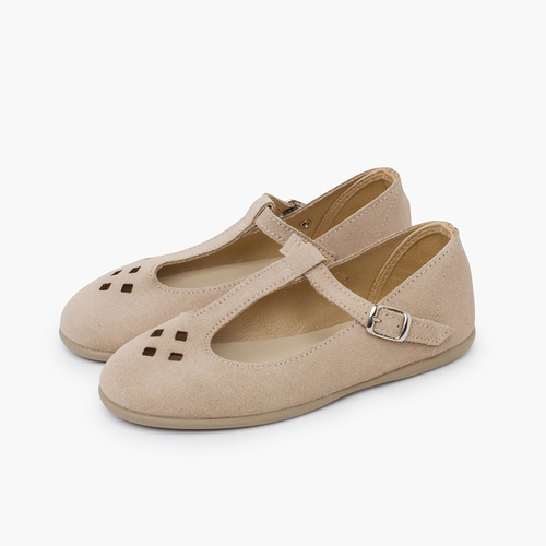 Perforated suede mary janes T-bar strap Beige