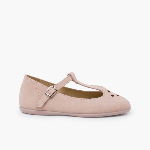 Perforated suede mary janes T-bar strap Nude
