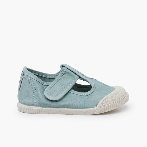 Barefoot washed canvas T-bar shoes Aquamarine