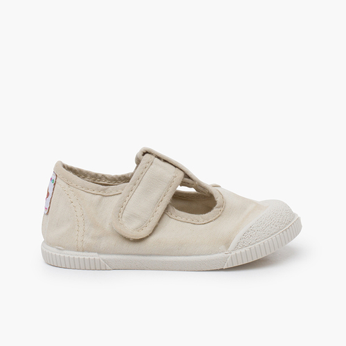 Barefoot washed canvas T-bar shoes oat