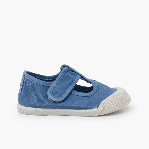 Barefoot washed canvas T-bar shoes Blue denim