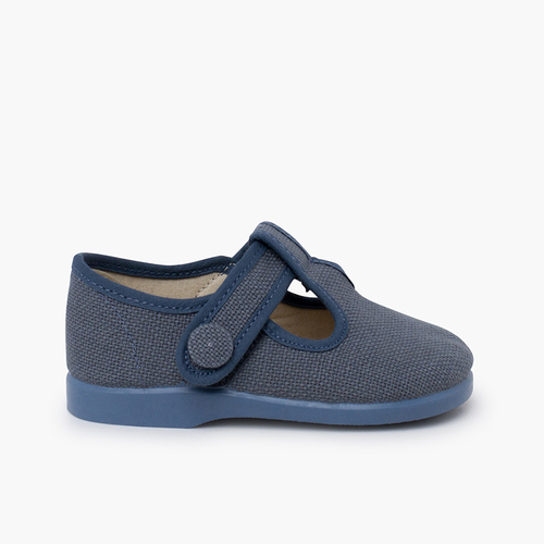 Linen T-bar shoes hook-and-loop fastening button Blue Klein