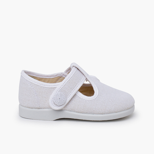 Linen T-bar shoes hook-and-loop fastening button White