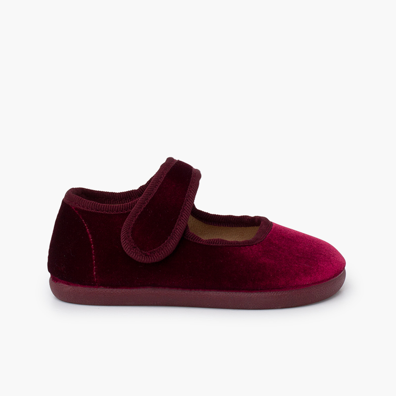 Velvet barefoot mary janes hook-and-loop strap Burgundy