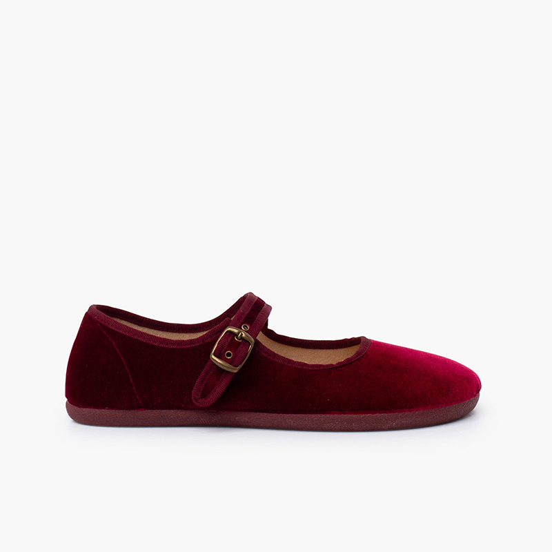 Women’s Velvet Barefoot Mary Janes Buckle Burgundy
