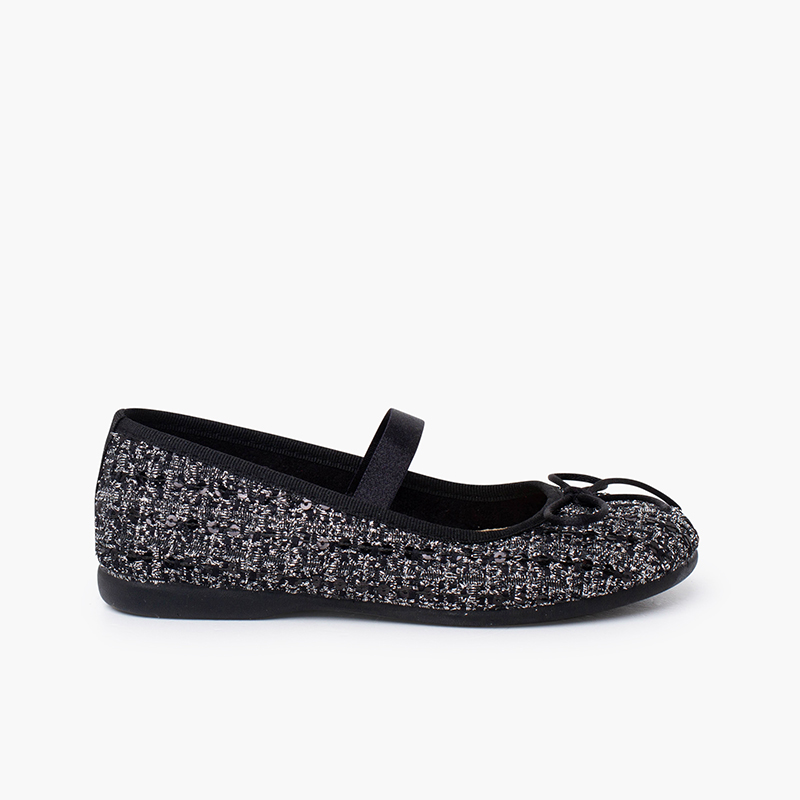 Tweed mary janes elastic strap shine Black