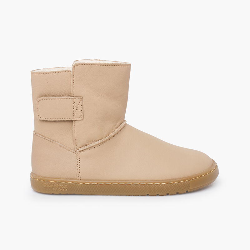 Girls’ barefoot leather boots hook-and-loop fastening Sand