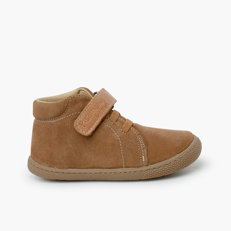 Suede barefoot boots leather strap and laces Taupe