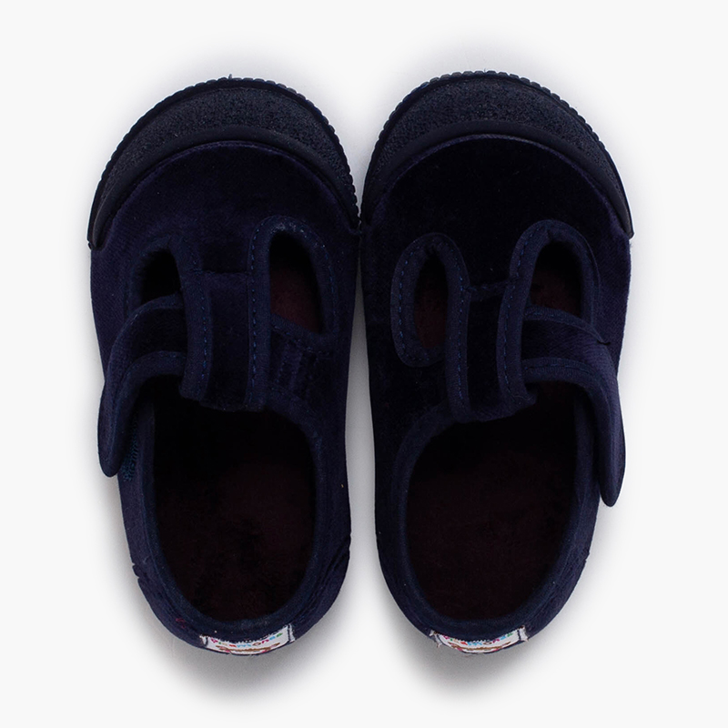 Velvet Barefoot T-Bar Shoes Rubber Toe Navy Blue