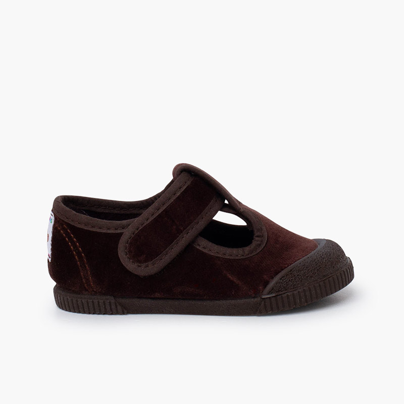 Velvet Barefoot T-Bar Shoes Rubber Toe Brown