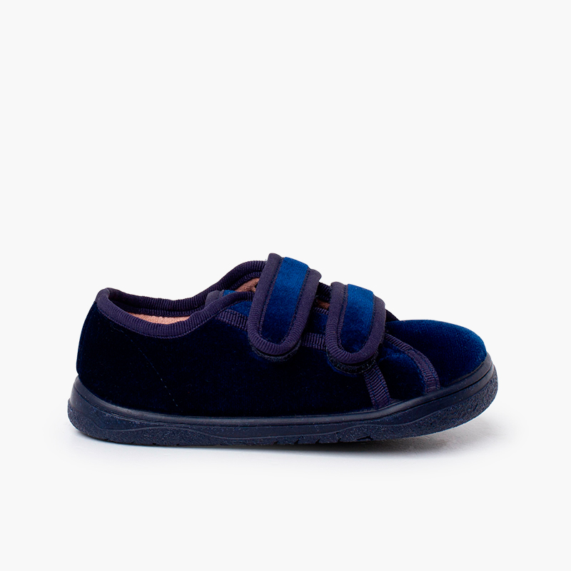 Velvet barefoot trainers double hook-and-loop strap Navy Blue