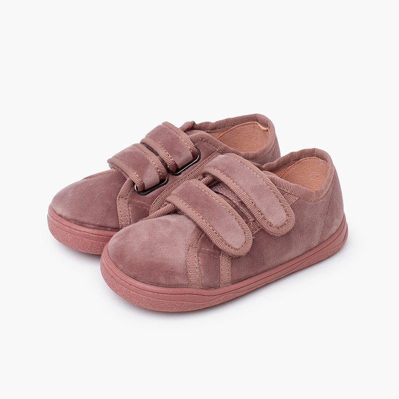 Velvet barefoot trainers double hook-and-loop strap Blush pink