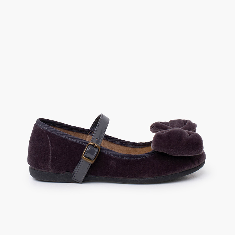 Velvet Mary Jane large bow patent strap Grey