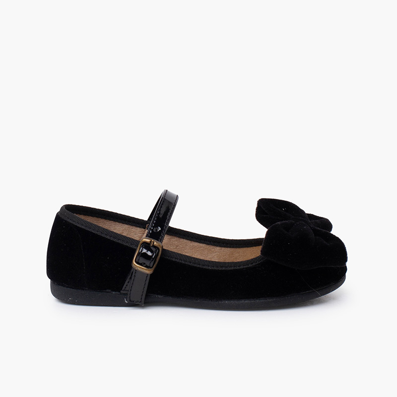 Velvet Mary Jane large bow patent strap Black