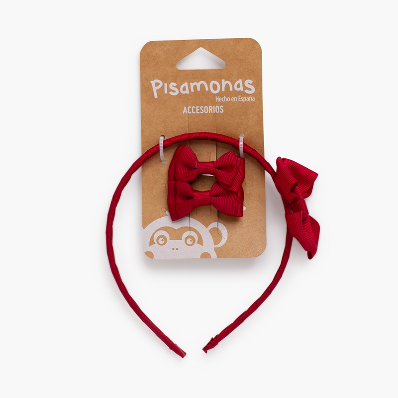 Girls’ hair set headband bow and clips Burgundy