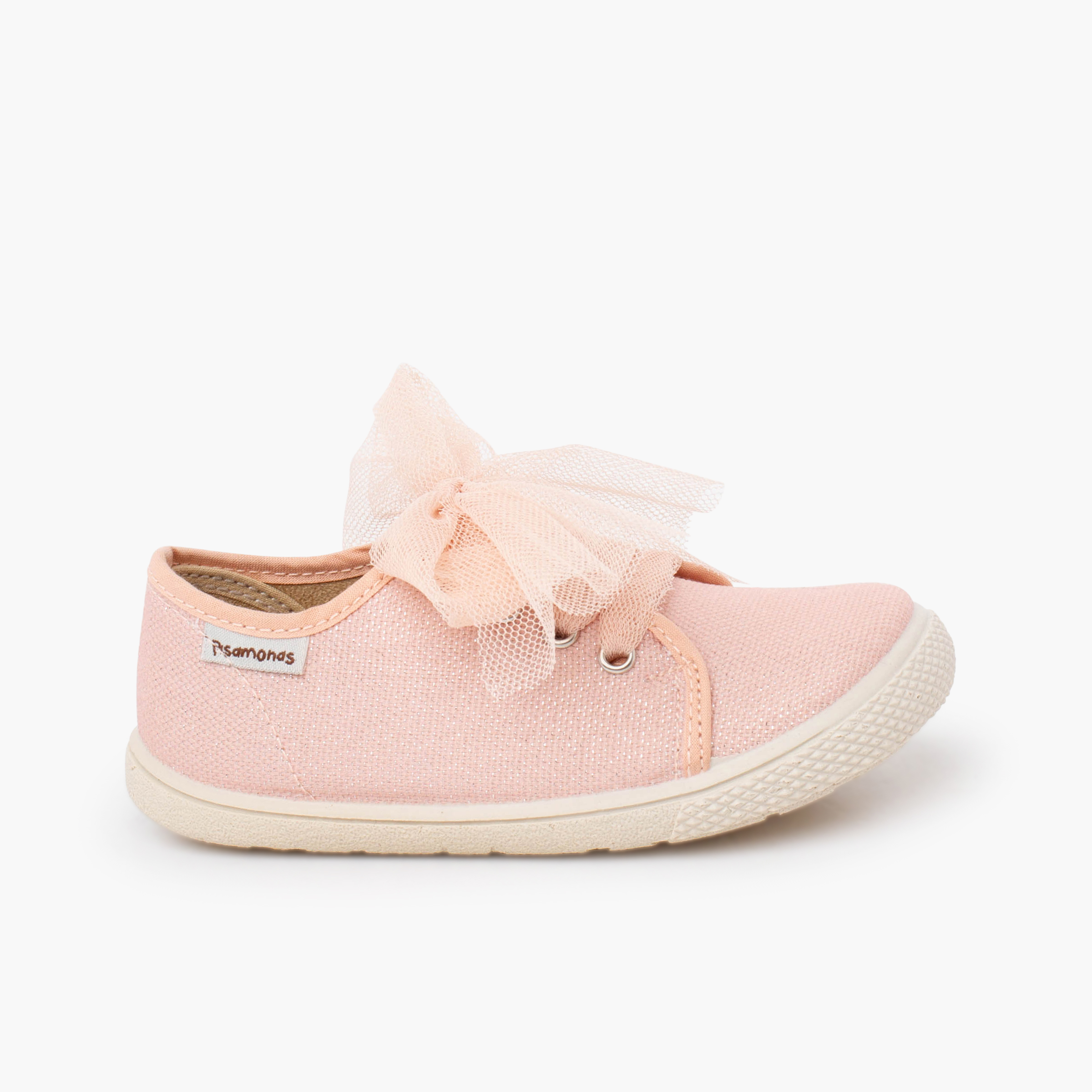 Barefoot trainers shimmer tulle bow Peach pink