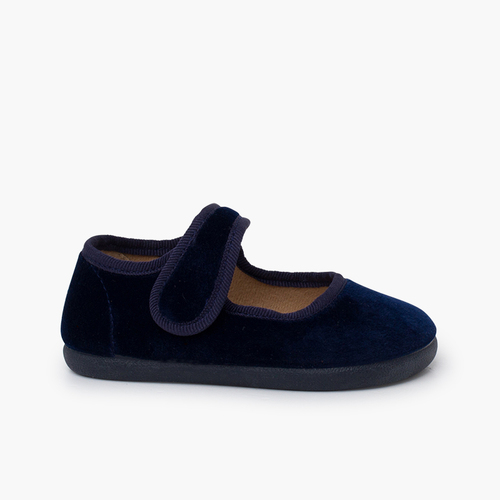 Velvet barefoot mary janes hook-and-loop strap Navy Blue