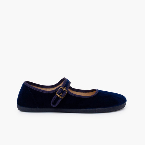 Velvet Barefoot Mary Janes Buckle Navy Blue