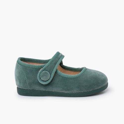 Velvet mary janes hook-and-loop fastening button Green Water