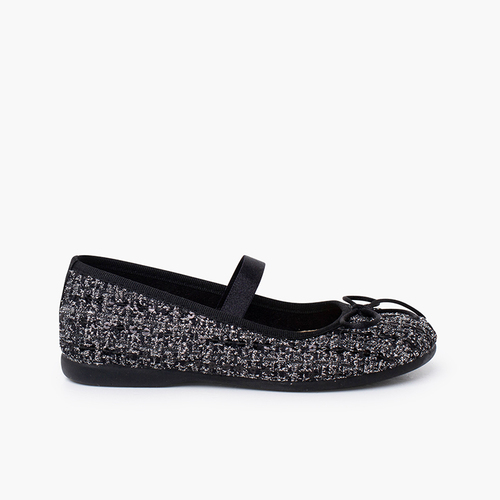 Tweed mary janes elastic strap shine Black