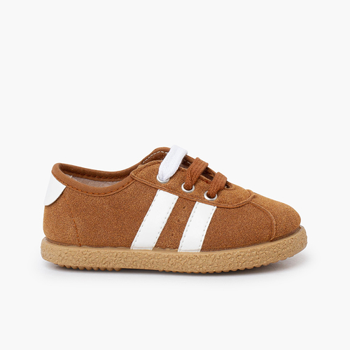 Trainers white side stripes double lace Camel