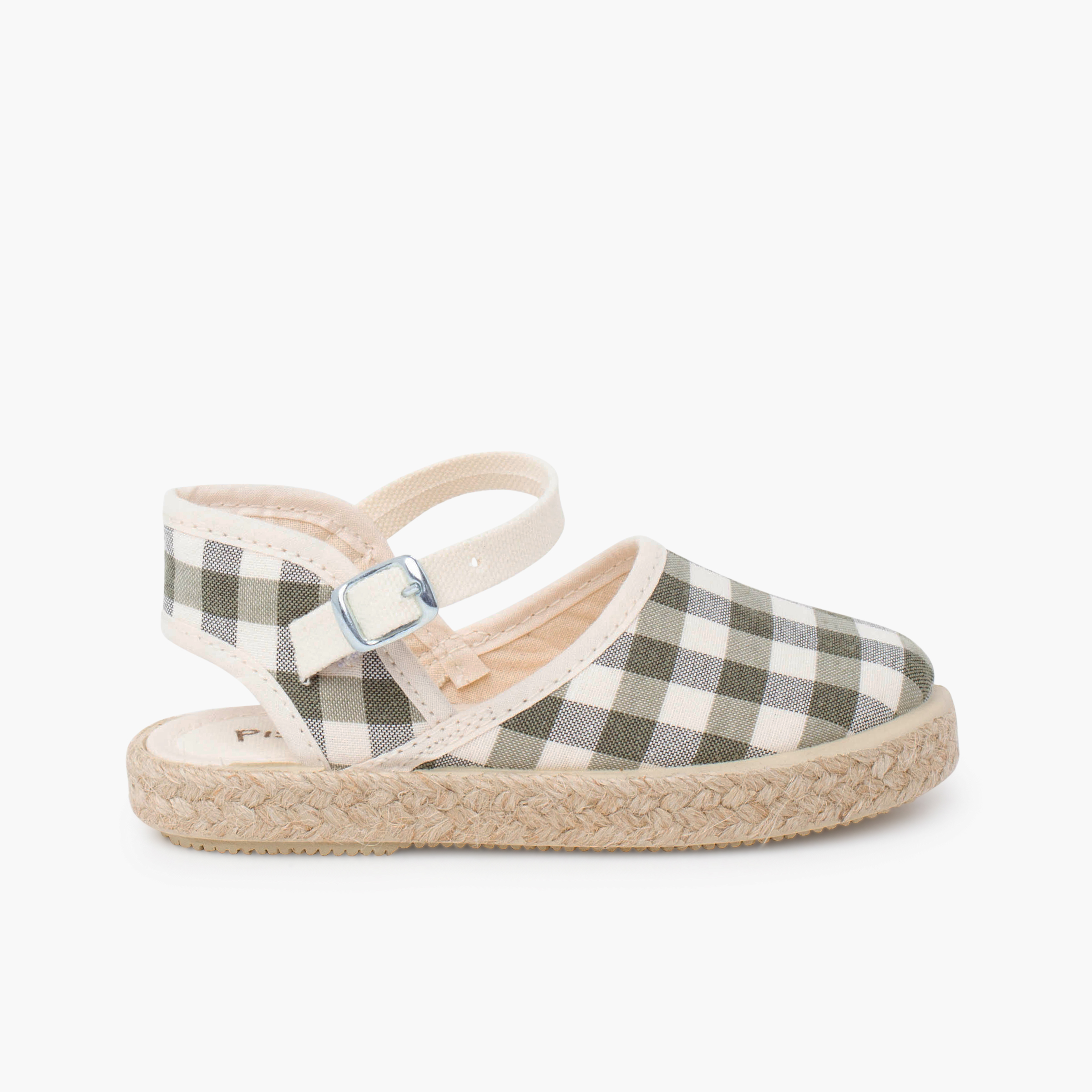 Girls' gingham espadrilles buckle strap Olive Green