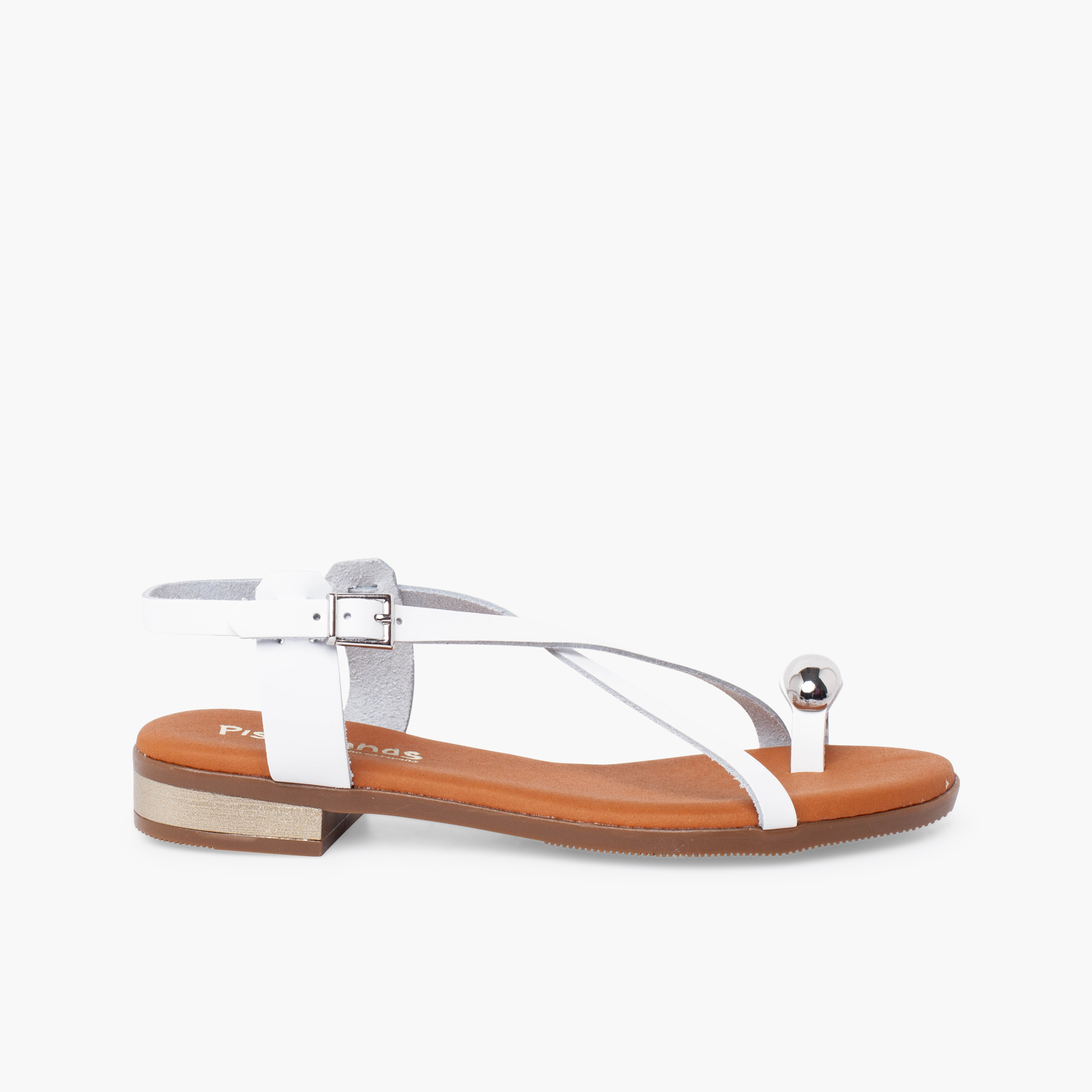 Girls’ and women’s buckle sandals toe ring detail White