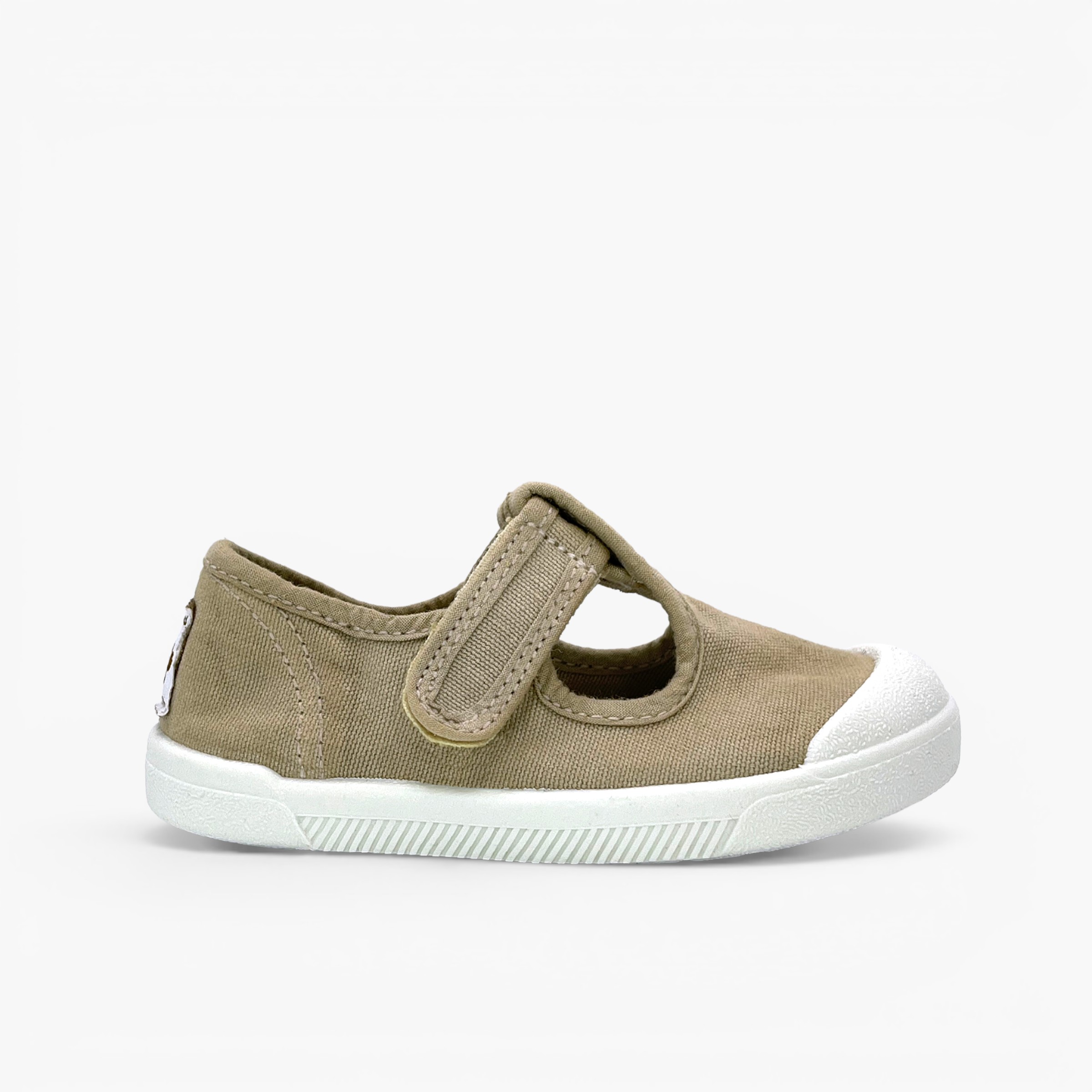 Boys' barefoot T-bar shoes washed canvas Sand