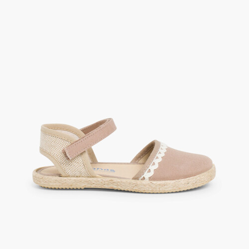 Girls Espadrilles Canvas & Linen Lace Light Brown