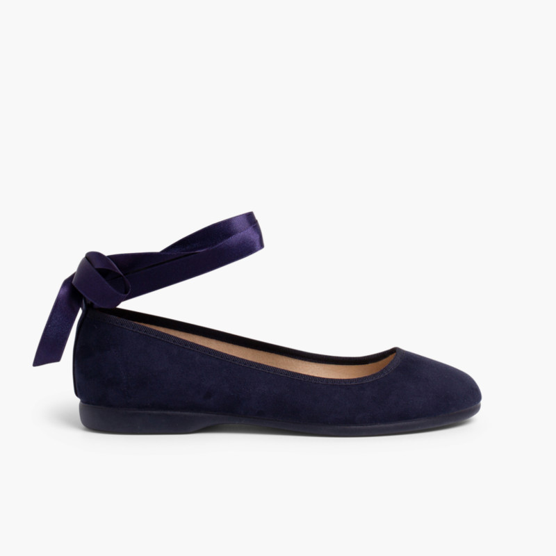 Ballet Pumps Satin Bow Anklet Strap Navy Blue
