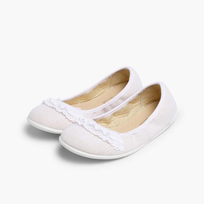 Laced Linen Ballet Pumps White