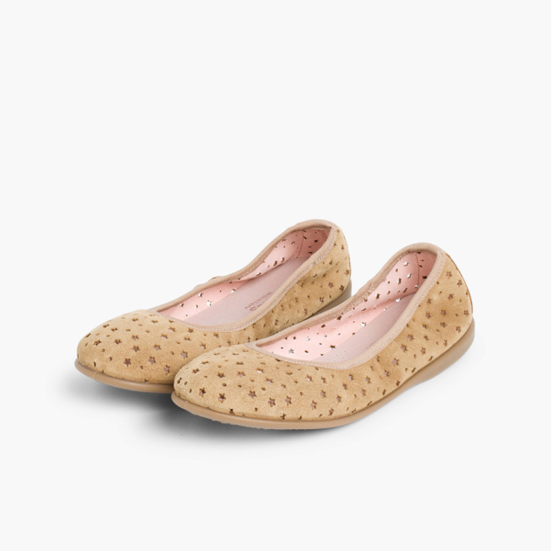 Suede Ballet Pumps With Elastic And Star Punch Hole Detail  Beige