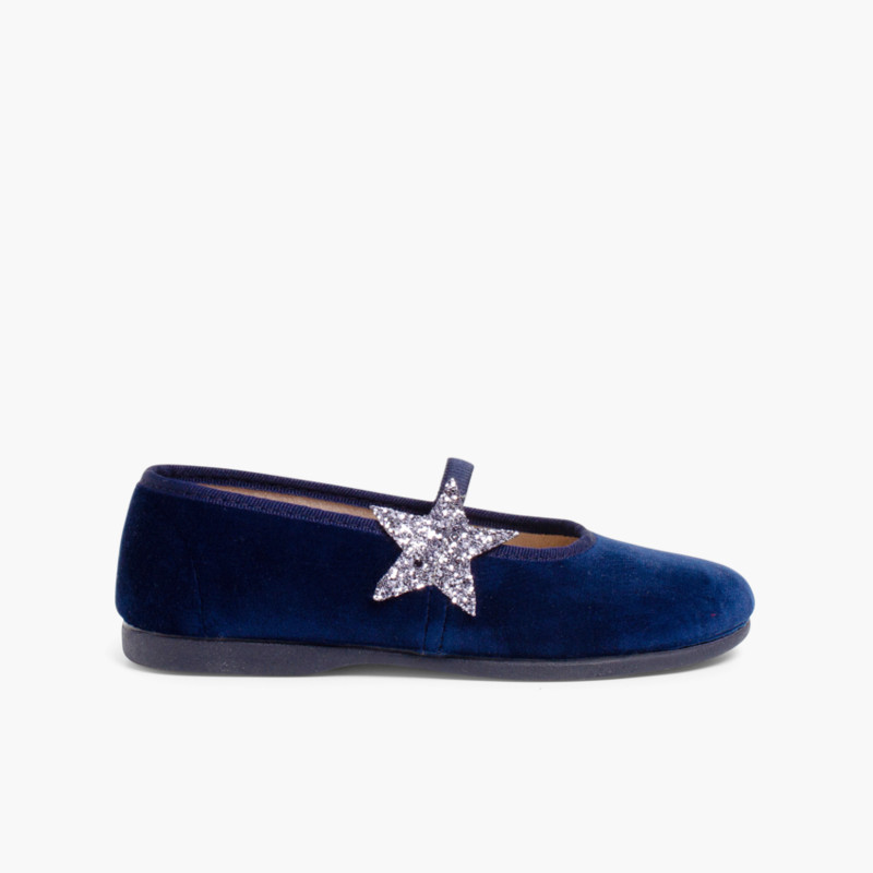 Ballerina shoes with Glitter Stars and Elasticated Strap Navy Blue