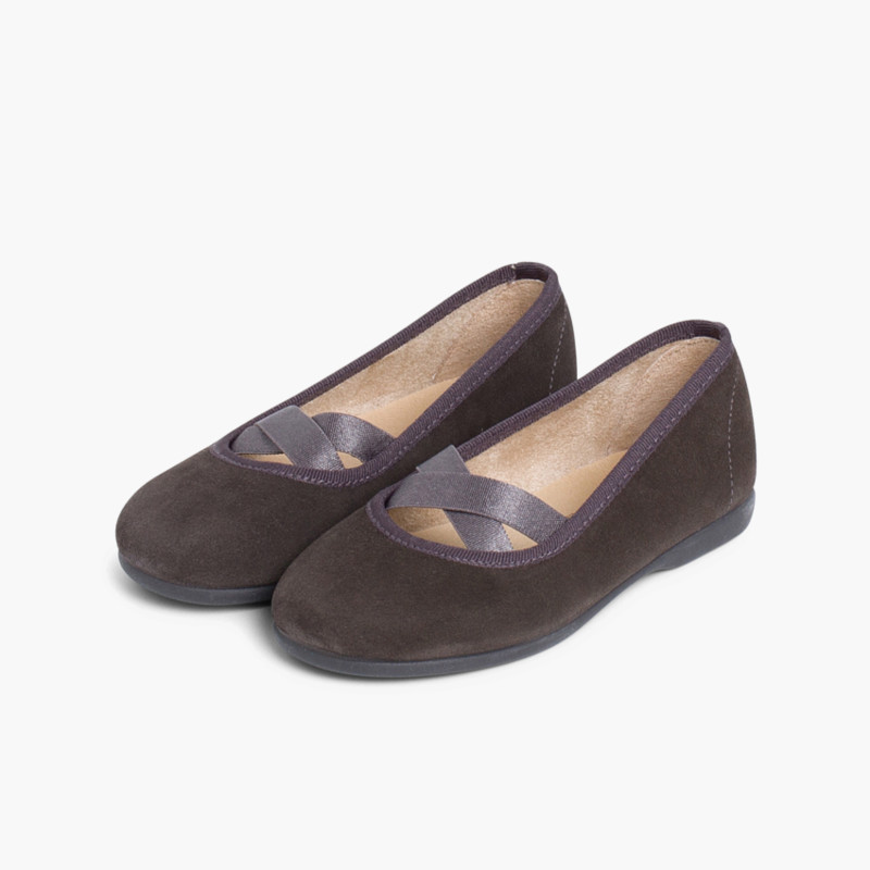 Girls Ballet Pumps with Crossed Ribbon Grey