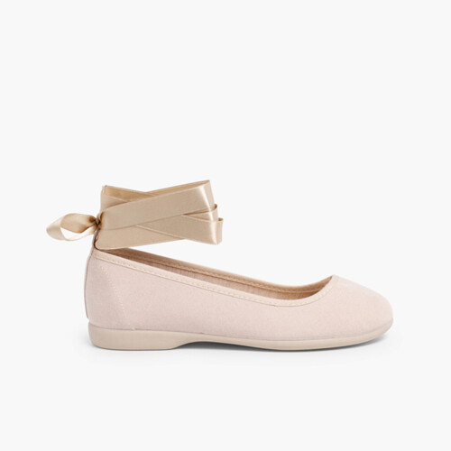 Ballet Pumps Satin Bow Anklet Strap Beige