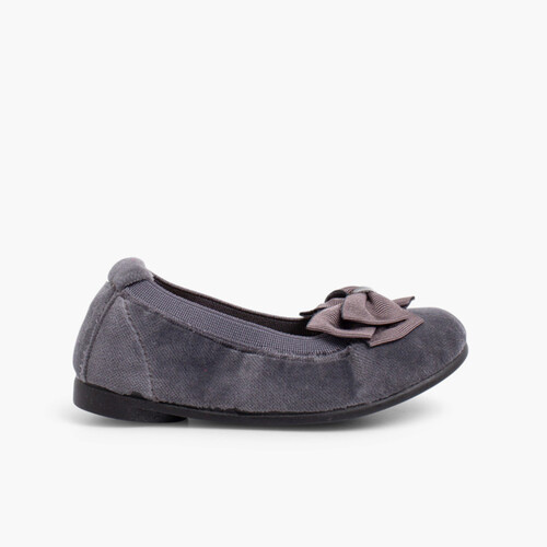 Velvet Ballet Flats with Bow Grey