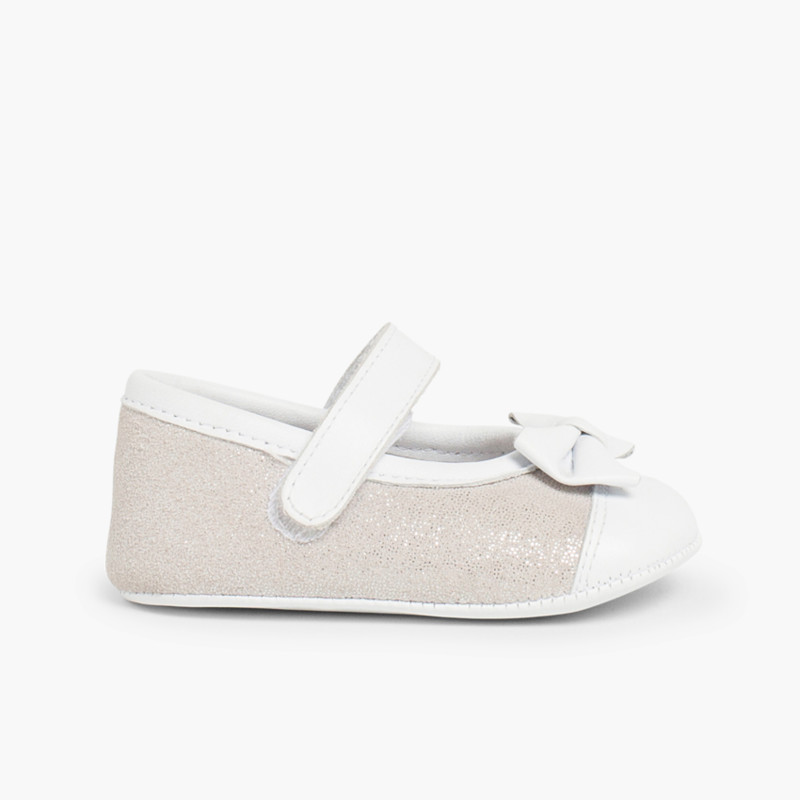 Shiny Baby Mary Janes in Nappa and Leather with loop fasteners Silver