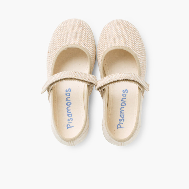 Girls Riptape Linen Mary Janes Sand