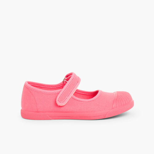 Canvas loop fasteners mary janes rubber toes Coral