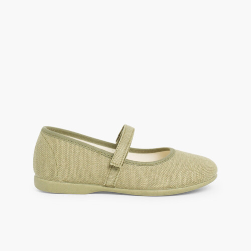 Girls Riptape Linen Mary Janes Khaki
