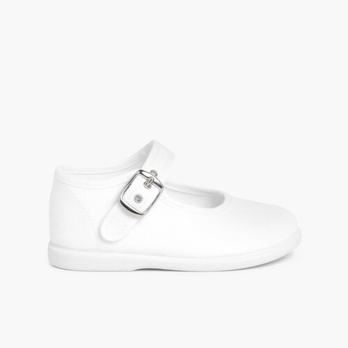 Girls Buckle Up Canvas Mary Janes White